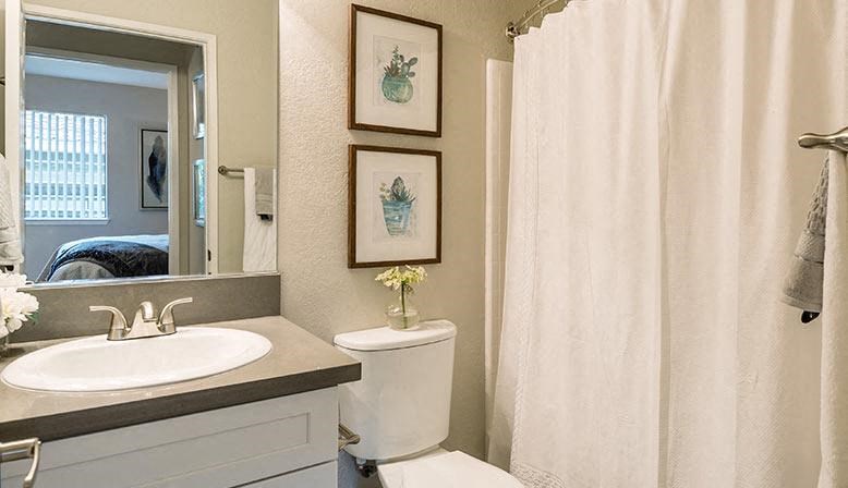 a bathroom with a shower curtain and a sink and a toilet