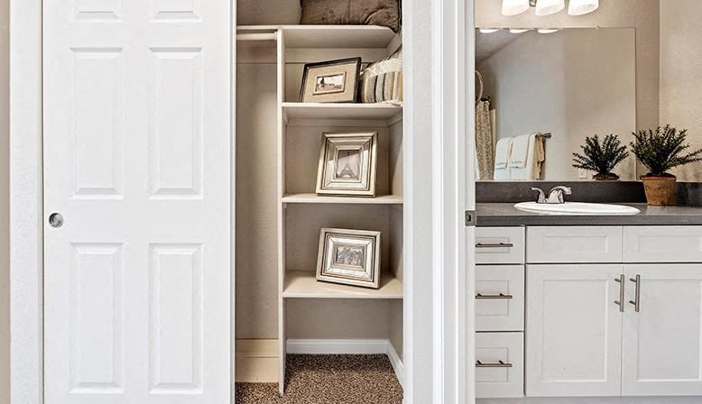 a bathroom with a sink and shelves and a mirror