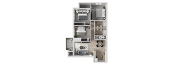 A 3D floor plan of a small apartment with a kitchen, living room, and bathroom.