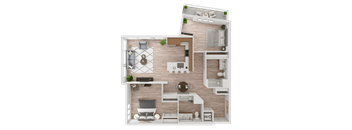 a 3d floor plan of a bedroom with a bathroom and a living room
