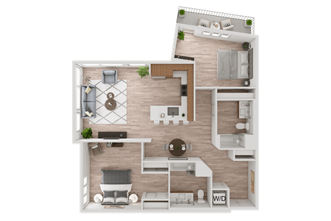 a 3d floor plan of a bedroom with a bathroom and a living room