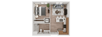 a 3d rendering of a bedroom and living room with a wood floor