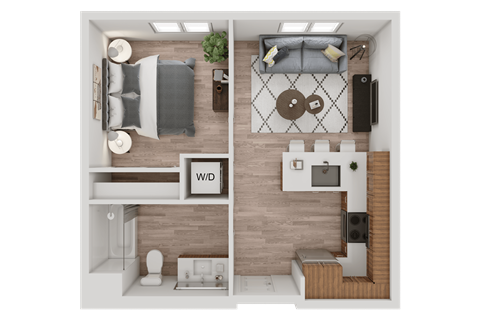 a 3d rendering of a bedroom and living room with a wood floor