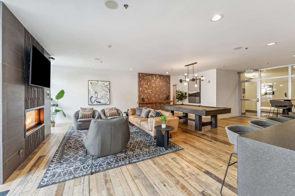 a living room with a couch and a table