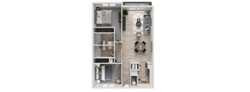 A detailed 3D floor plan of a small apartment layout.
