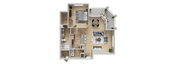 A 3D rendered image of a house layout with labeled rooms.