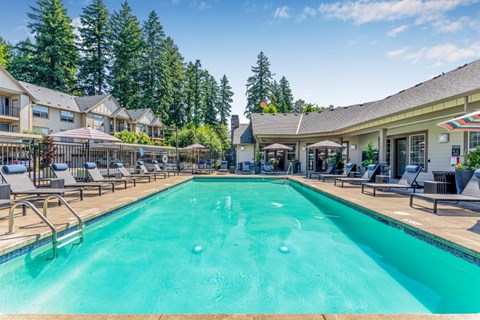 A large outdoor swimming pool surrounded by lounge chairs and umbrellas.