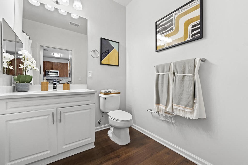 a white bathroom with a toilet and a mirror