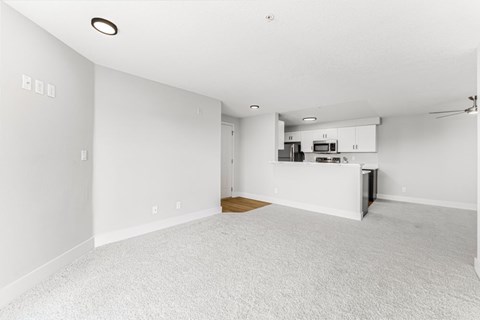 A white room with a kitchenette and a carpeted floor.