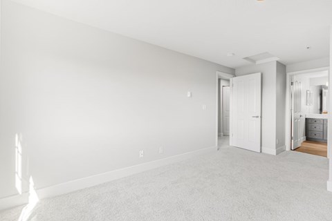 A white room with a carpeted floor and a white door.