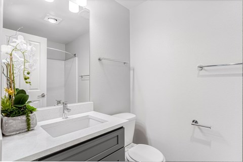 A white bathroom with a sink, toilet, and shower.