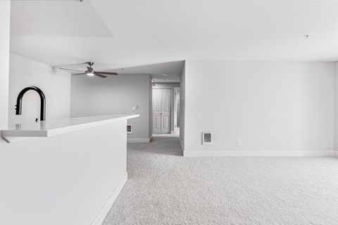 A white room with a ceiling fan and a carpeted floor.