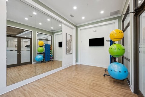 a workout room with weights and mirrors in a home gym