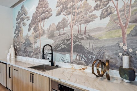 a kitchen with a sink and a mural on the wall