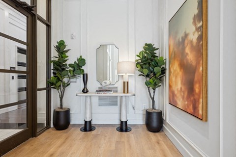 a living room with a table with a mirror and potted plants