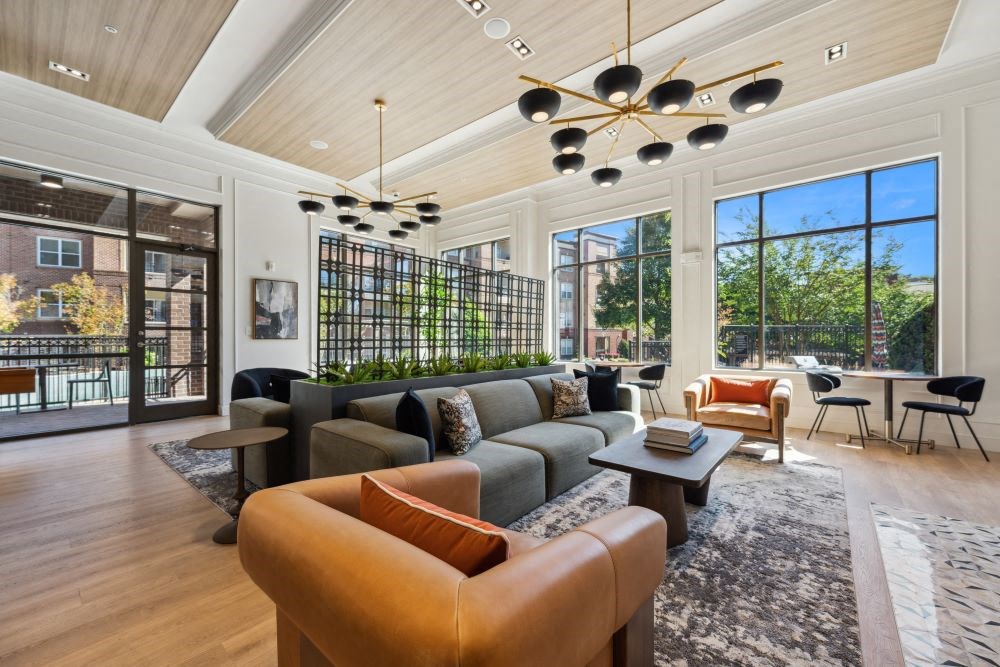 a living room with a couch and a table