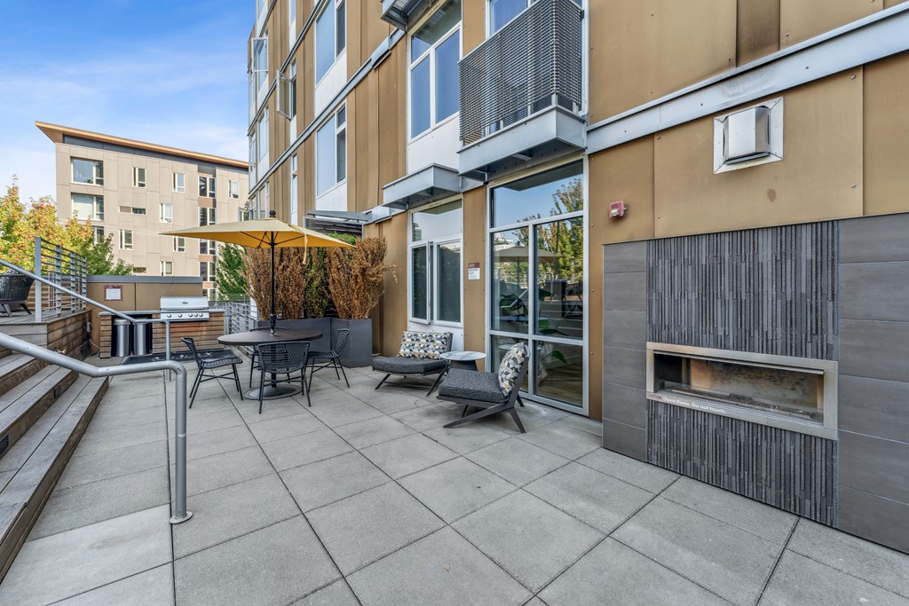 our spacious patio has a gas fireplace and outdoor seating