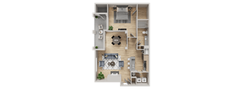 A top-down view of a small apartment layout with a living room, kitchen, and bathroom.