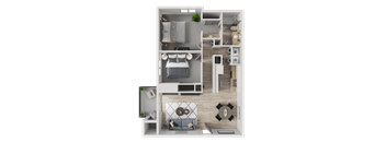 A 3D floor plan of a small apartment with a kitchen, living room, and bathroom.