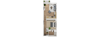 A top-down view of a small apartment with a kitchen, living room, and bathroom.