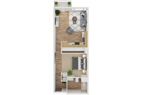 A top-down view of a small apartment with a kitchen, living room, and bathroom.