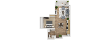 A top down view of a living room, dining room, kitchen and two bedrooms.