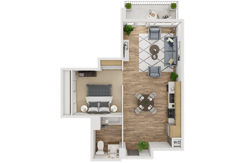 A top down view of a living room, dining room, kitchen and two bedrooms.