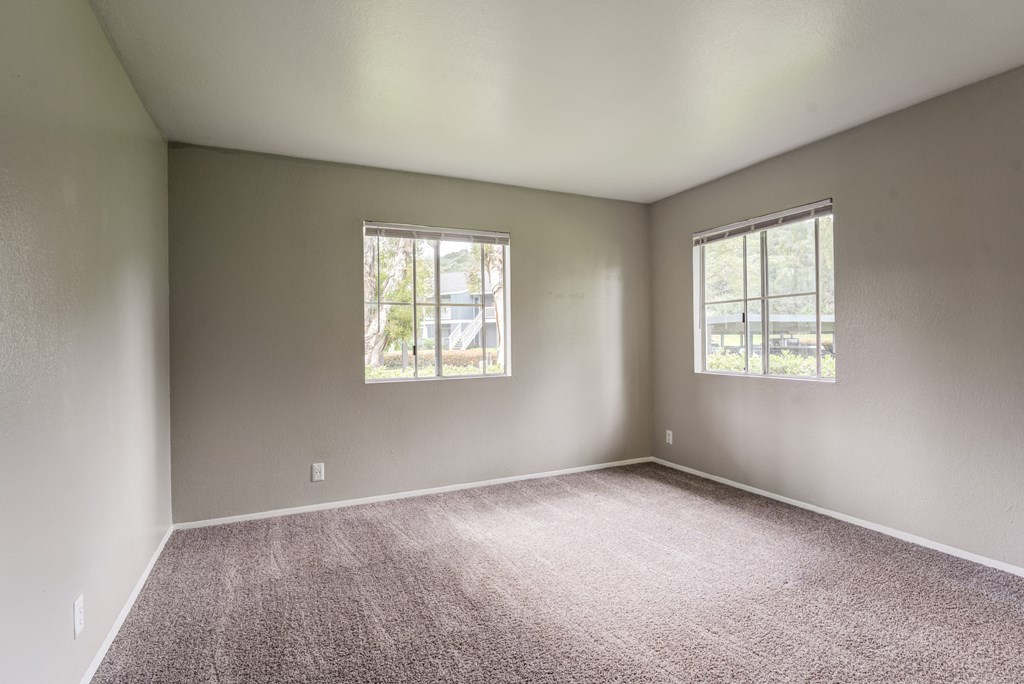 an empty room with carpet and two windows
