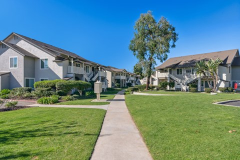 the view of a row of houses on a sidewalk