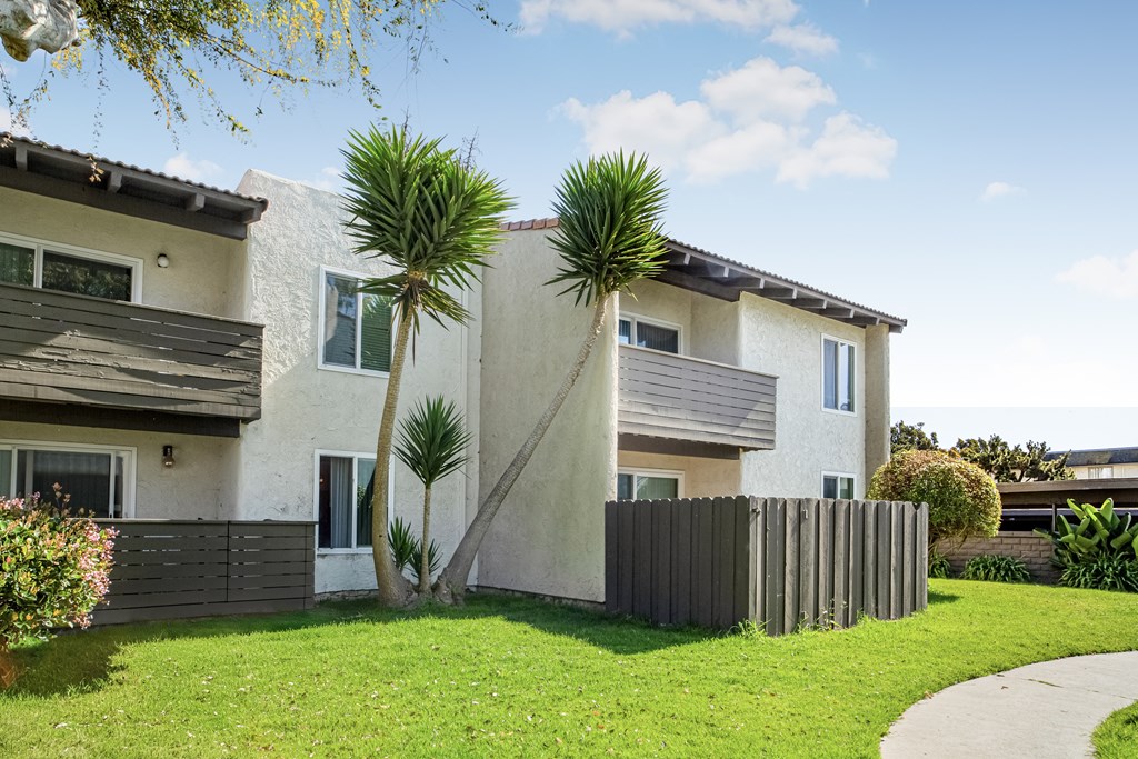 A house with a white exterior and a brown roof with a palm tree in front.