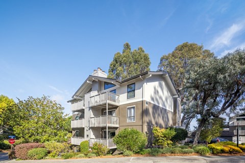 A modern apartment building with a clear blue sky above and greenery around