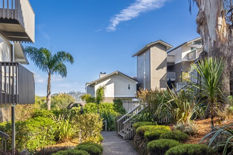 A residential area with houses and greenery.