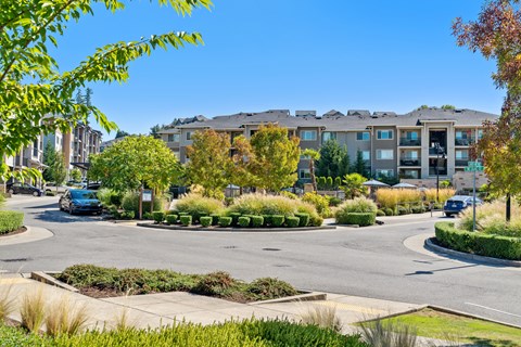 a view of a street with an apartment building in the background
