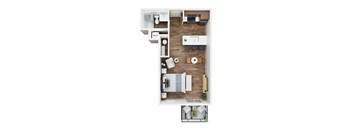A top down view of a kitchen with a dining table and chairs.