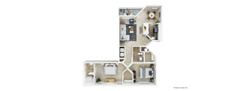 A detailed floor plan of a two-bedroom apartment with a kitchen, living room, and bathroom.