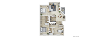 A floor plan of a house with three bedrooms, two bathrooms, a living room, a kitchen, and a dining area.