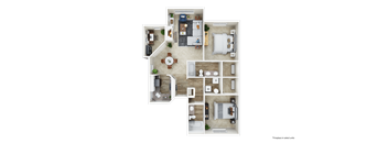 A floor plan of a house with a kitchen, living room, dining room, and two bedrooms.