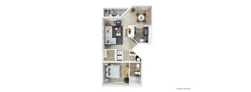 A floor plan of a two-story home with a living room, dining room, kitchen, and two bedrooms.