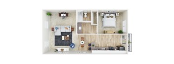 A top-down view of a small apartment with a living room, kitchen, and bedroom.