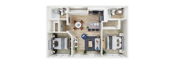 a floor plan of a one bedroom apartment with a fireplace and a dining room table and chairs