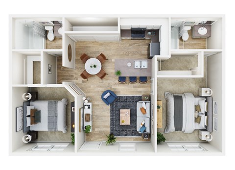 a floor plan of a one bedroom apartment with a fireplace and a dining room table and chairs