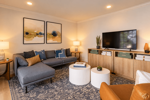 A living room with a grey sofa, a white coffee table, and a television on a wooden cabinet.