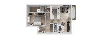 A top-down view of a small apartment with a kitchen, living room, and bathroom.