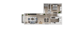 A top-down view of a living room with a couch, a coffee table, and a rug.