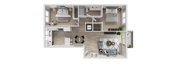 A top-down view of a well-organized apartment with a bed, a couch, a desk, and a kitchenette.