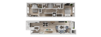 A top-down view of a living room and kitchen area with a dining table and chairs.