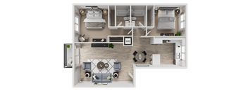 A top-down view of a well-furnished apartment with a living room, kitchen, and bedrooms.