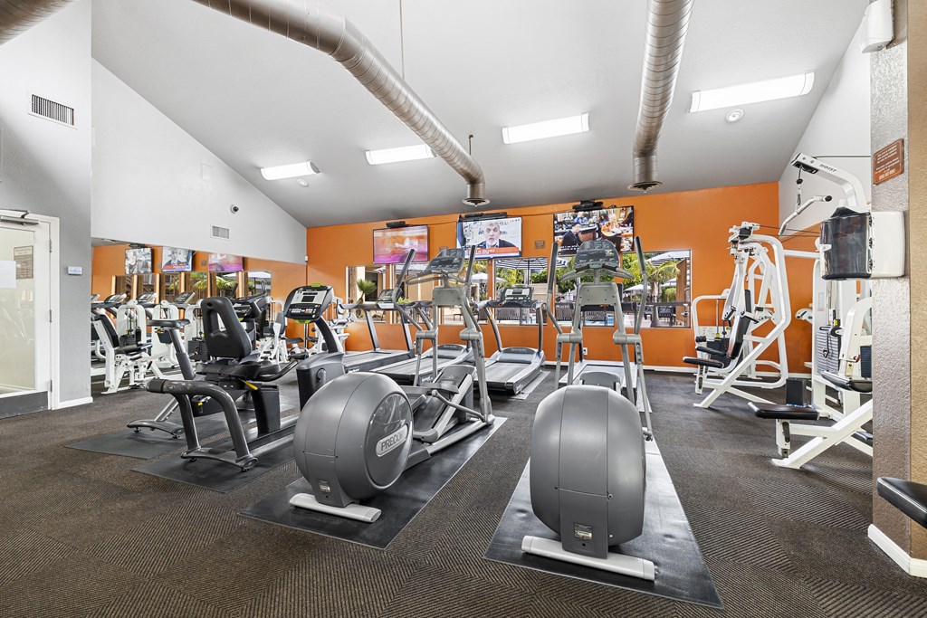 a gym with cardio machines and weights on the floor