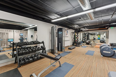 a gym with weights and other exercise equipment on a wooden floor