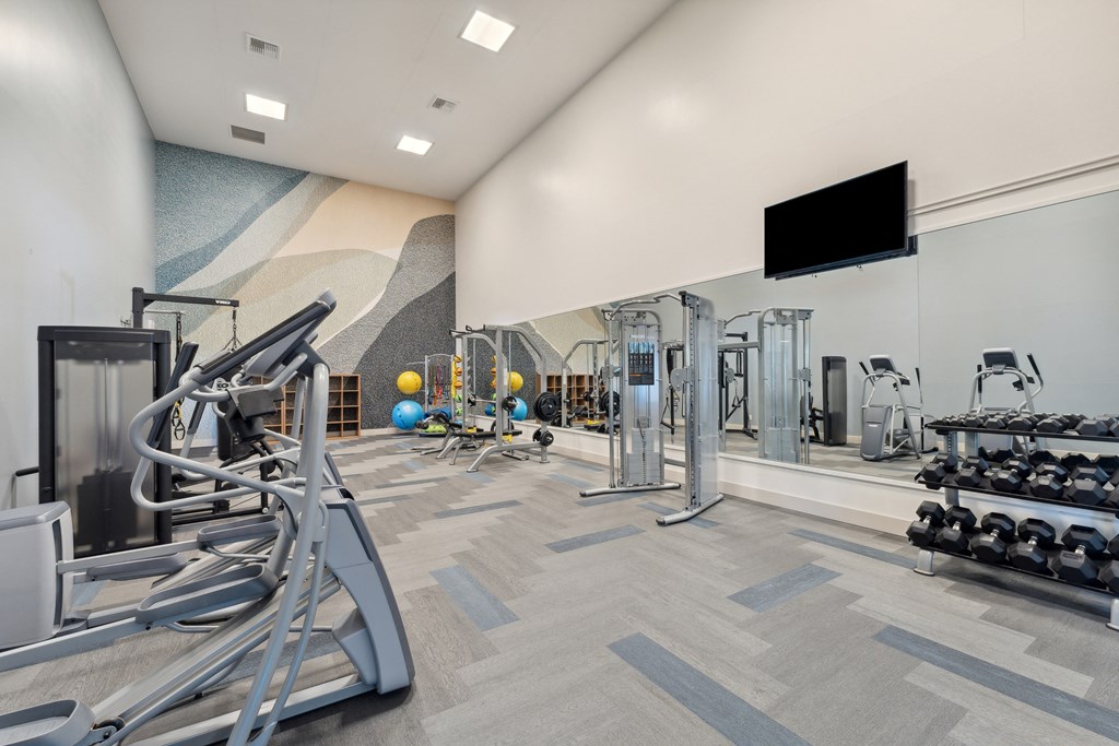 a gym with weights and cardio equipment and a tv on the wall